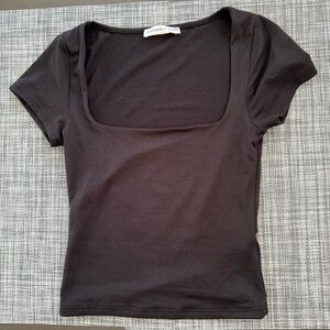 Sincerely Jules Square Neck Short Sleeve Cropped Basic Shirt Black Womens XXS
